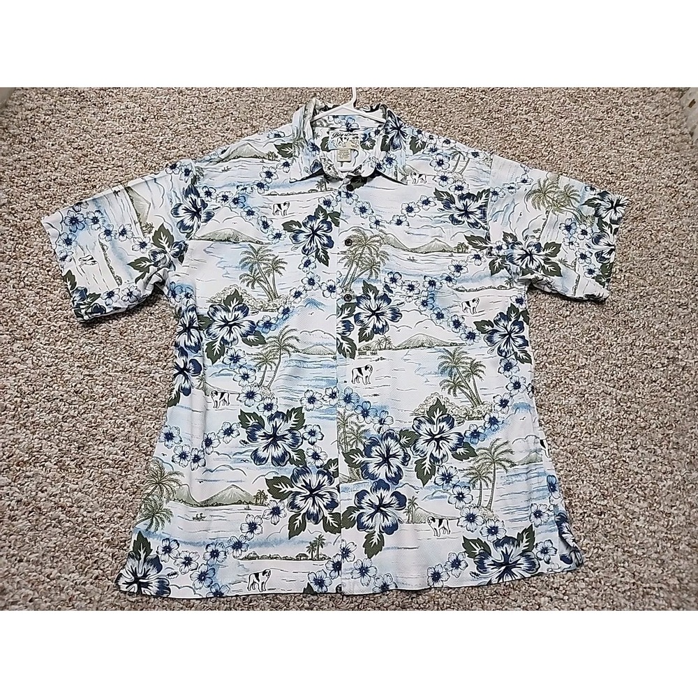 Big Dogs Mens XL Tropical Hawaiian Button Short Sleeve Blue Floral Palm Tree Vtg